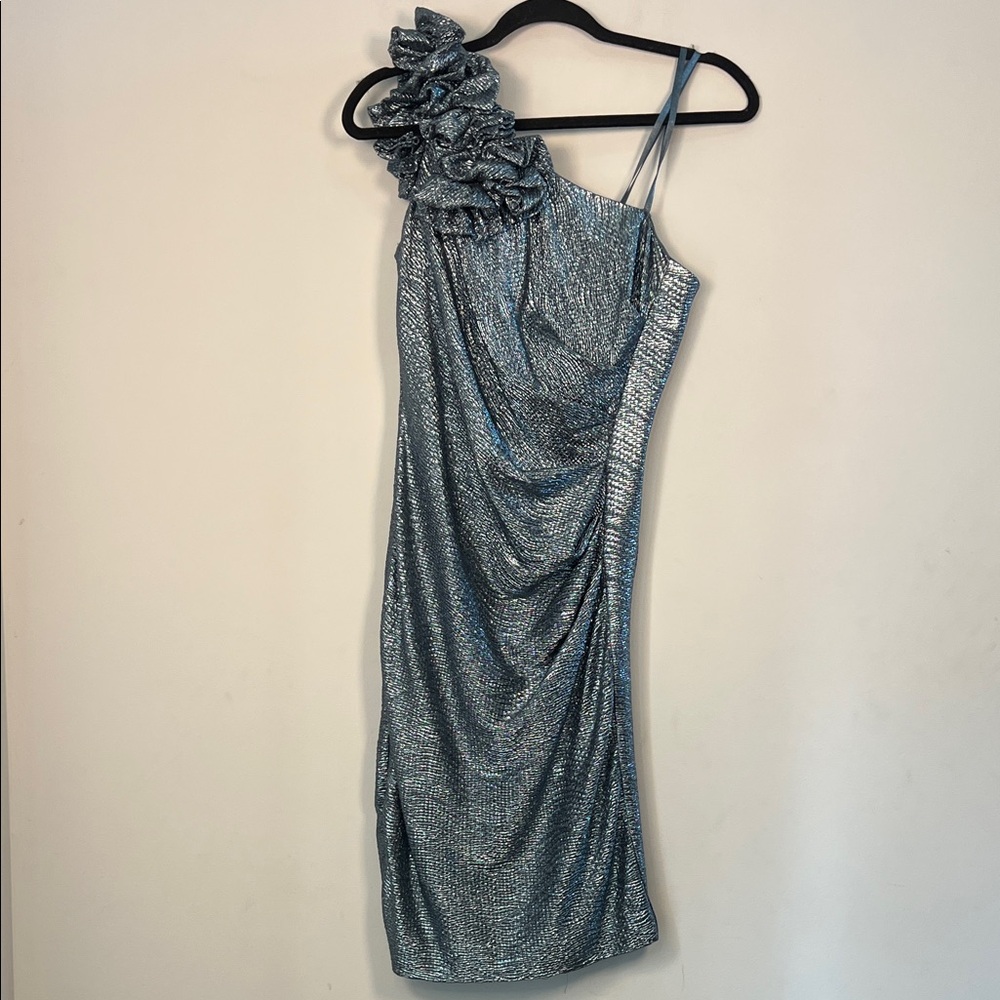 Hailey‎ Adrianna Papell Women's One Shoulder Metallic Blue Elegant Mini Dress